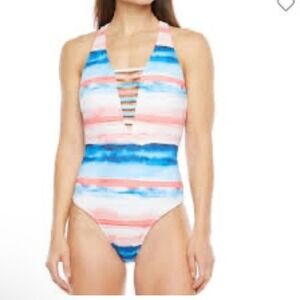 Women Swimsuit Striped V-Neck One Piece XL Resort Swim Bathing Pool Beach Summer